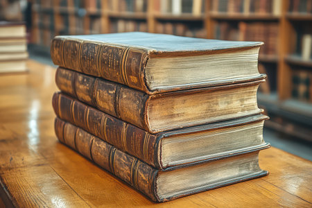Old leather bound books stacked on wooden tableの写真素材
