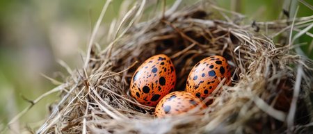 Three vibrant orange eggs with dark spots sit snugly in a nest made of twigs and dried grass. The setting is peaceful and natural.の素材