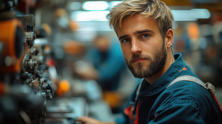 A young man focuses on machinery in a bustling industrial workshop surrounded by colleagues engaged in their tasks.の素材