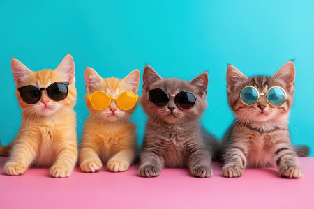 Four adorable kittens sit together each wearing colorful sunglasses against a vibrant background showcasing their playful and fashionable demeanor.の素材