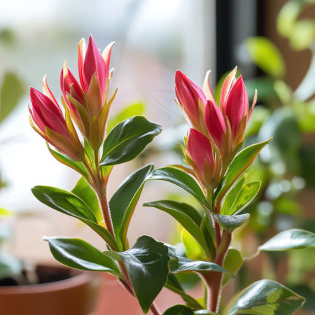 Two clusters of bright red blossoms emerge from green leaves in a cozy indoor setting illuminated by soft natural light.の素材