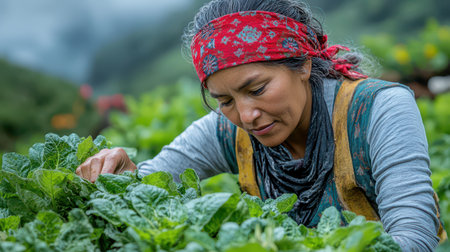 A woman carefully picks fresh greens in a vibrant field surrounded by misty mountains.の素材