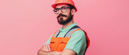 A mustachioed male construction worker in glasses and an orange hard hat poses with crossed arms against a pink background.の素材