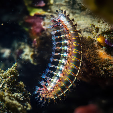 A vibrant marine creature glides through a coral reef showcasing its iridescent colors and intricate textures in a serene underwater environment.の素材