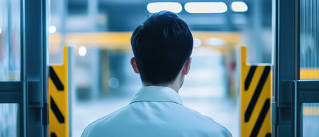 A man in a white shirt stands at the entrance of a contemporary building looking toward the interior lit by bright lights.の素材
