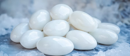 A pile of shiny white eggs sits on a textured surface highlighting their smoothness and freshness in a bright setting.の素材