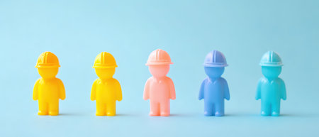 Five small plastic figures in bright colors wearing hard hats are lined up against a blue background symbolizing a construction theme.の素材
