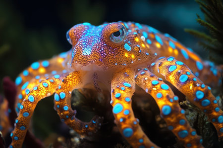 A vibrant octopus with striking blue and orange patterns is nestled among coral in a clear ocean environment showcasing marine life diversity.の素材