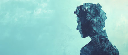 A detailed silhouette of an individual is shown against a soft blue backdrop illustrating a calm and introspective mood.の素材