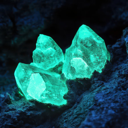 Luminous crystals emerge from dark rock radiating a captivating blue green glow showcasing natures intricate formations and colors.の素材