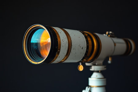 A vintage telescope with detailed craftsmanship captures light through its lenses resting elegantly on a tripod against a dark background.の素材
