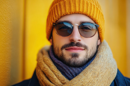 A young man with a beard poses confidently in a yellow beanie and scarf against a vibrant wall showcasing a stylish look during the sunny day.の素材