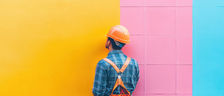 A worker in an orange hard hat stands in front of a large bright yellow wall preparing to paint. The background features pink sections.の素材