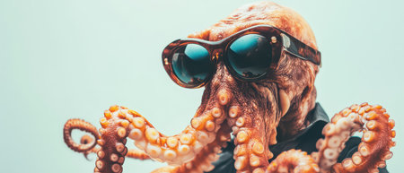 An amusing octopus wears stylish sunglasses while playfully showcasing its tentacles against a light background capturing a fun moment of whimsy.の素材