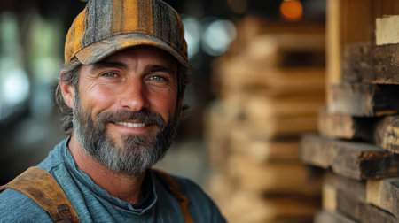 A bearded craftsman wearing a hat and work clothes smiles warmly in a workshop filled with wooden materials showcasing his passion for craftsmanship.の素材