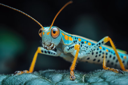 A vibrant grasshopper with striking colors is perched on a leaf showcasing intricate patterns and a detailed texture under natural light.の素材