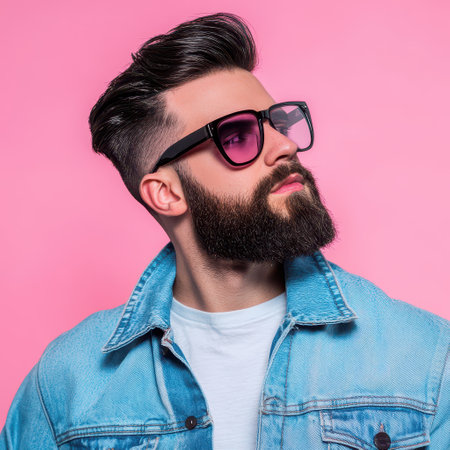 A man with a beard and stylish haircut wears dark sunglasses while posing against a vibrant pink background. His denim jacket adds to his trendy look.の素材