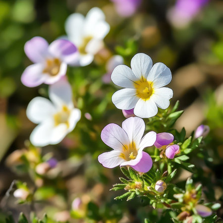 Delicate white and purple wildflowers bloom amid green foliage in a sunny natural setting showcasing vibrant colors and intricate details.の素材