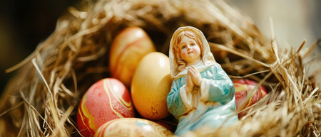 A serene religious figure is nestled among beautifully painted eggs in a rustic nest. This setup showcases Easter traditions and artistry.の素材