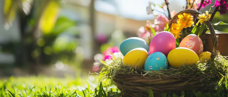 A basket filled with brightly colored eggs rests on green grass surrounded by vibrant flowers in a sunny garden setting.の素材