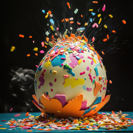 A large egg bursts open scattering colorful confetti pieces in all directions.の素材