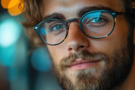 A young man with curly hair and a beard wears glasses while enjoying a moment at an urban cafe. The background features soft bokeh lights.の素材