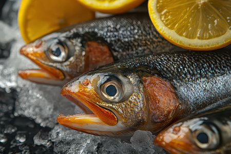 Cold freshly caught fish displayed on ice with lemon slices. Perfect for seafood lovers seeking a culinary treat at the market.の素材