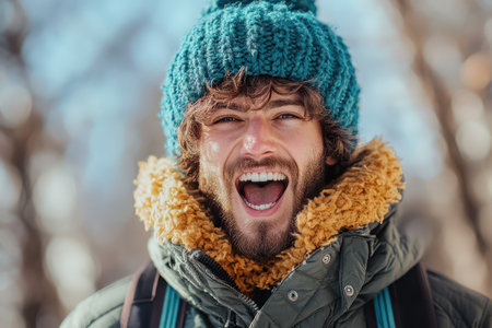 A joyful man wearing a warm hat and coat laughs amidst a snowy park surrounded by trees. His expression conveys pure happiness on a sunny winter day.の素材