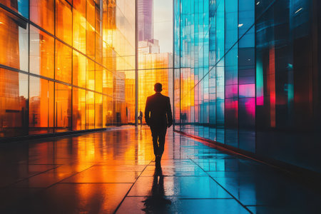 A suited individual walks confidently through a modern urban space with colorful glass reflections at sunset showcasing the beauty of architecture.の素材