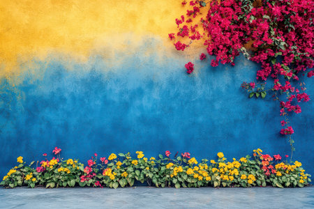Colorful flowers in various hues grow at the base of a wall painted in bright blue and yellow. Bougainvillea blooms add to the charm.の素材