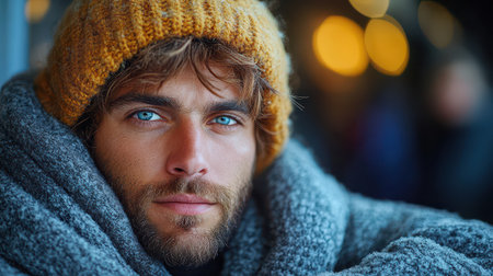 Man wrapped in a warm blanket wears a cozy hat while looking thoughtfully into the distance as chilly weather surrounds him.の素材