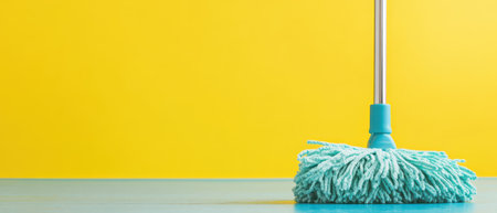 A turquoise mop stands on a blue surface against a vibrant yellow wall showcasing cleaning tools for household chores.の素材