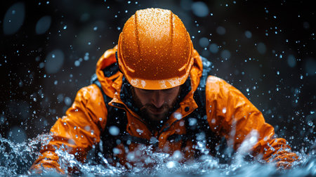 Drenched in rain a man in an orange jacket and helmet struggles through rising water while braving the elements in a wild environment.の素材