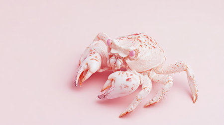 A striking white crab with pink speckles walks on a soft pink surface showcasing its claws and lively appearance in a serene setting.の素材