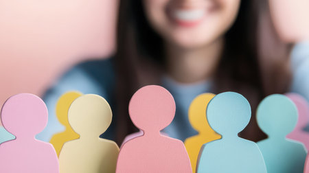 Colorful paper figures are arranged in front of a smiling person creating a visually engaging display of community and connection.の素材