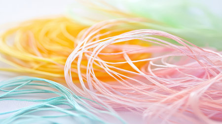 Bright threads in pastel colors lay scattered artistically on a flat surface showcasing a variety of textures and hues that inspire creativity.の素材