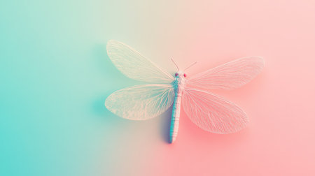 A transparent insect with intricate wings rests on a soft pastel gradient background showcasing its delicate features and ethereal beauty.の素材