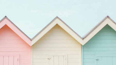 Three beach huts in pastel shades of pink white and blue stand against a clear sky creating a vibrant coastal atmosphere near the water.の素材