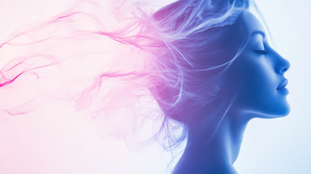 A woman with a serene expression showcases her flowing hair as colorful mist swirls around her in a dreamlike atmosphere.の素材
