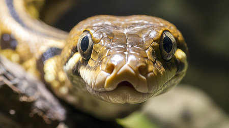 A vibrant and intricate snake rests on a branch showcasing its unique scales and expressive eyes in a lush setting.の素材