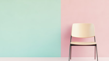 A minimalist chair sits alone against a split pastel wall in soft blue and pink tones creating a calm and inviting atmosphere.の素材