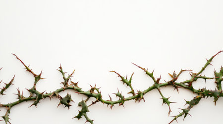 A green thorny branch lies against a plain white background highlighting its sharp spikes and unique texture in bold contrast.の素材