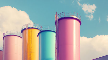 Brightly colored storage tanks stand under a clear blue sky showcasing hues of pink yellow and teal reflecting modern industrial design.の素材