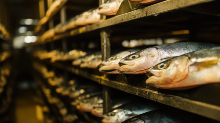 Chilled fish are neatly lined up on metal shelves in a commercial storage area ready for distribution to local markets and restaurants.の素材