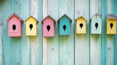 A row of brightly colored birdhouses hangs against a blue and white wooden wall creating a cheerful and inviting atmosphere for birds.の素材