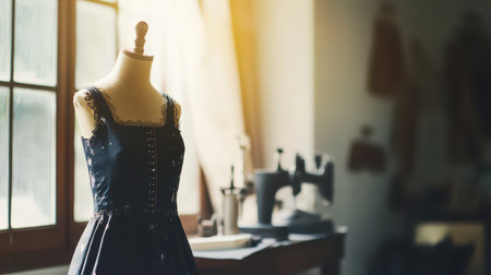A tailored dress is displayed on a mannequin in a bright workshop with soft sunlight streaming through the window highlighting the craftsmanship.の素材