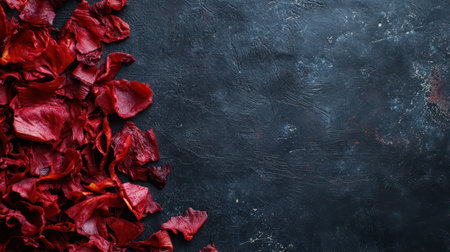 Fragrant red rose petals are artistically arranged on a dark textured surface creating a visually striking contrast for decoration or design.の素材