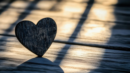 A wooden heart sits on a sunlit surface casting a delicate shadow. The warm light accentuates the texture of the wood and creates a calming ambience.の素材