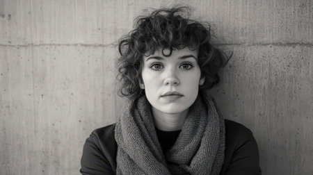 A woman with curly hair poses against a textured wall. Her serious expression conveys deep emotions and thoughtful contemplation.の素材