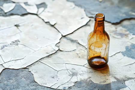 An amber glass bottle sits on a textured surface covered in peeling layers of old paint and paper creating an interesting visual contrast.の素材